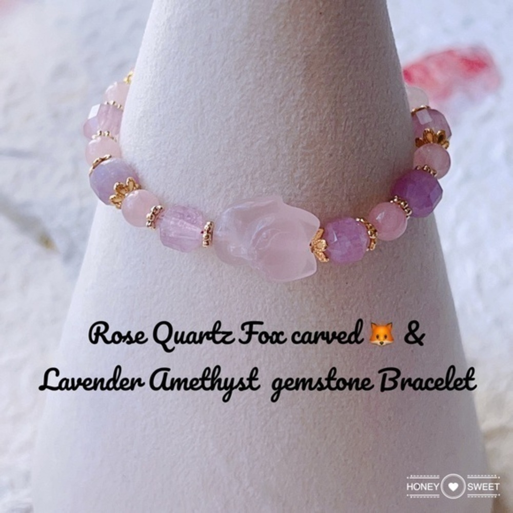 Rose Quartz Fox carved 🦊 &Lavender Amethyst  gemstone Bracelet